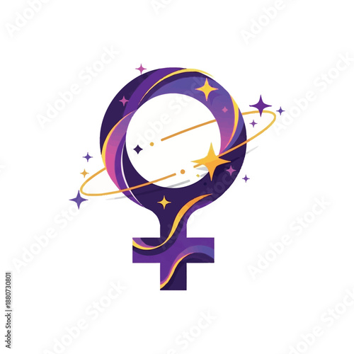 Vibrant purple Venus symbol with stars and planets orbiting in space.