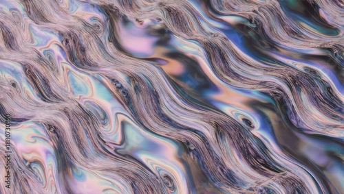Abstract rendering of iridescent flowing patterns with wavy, rippling textures and color shifts