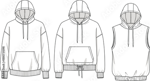 Hoodie sweatshirt fashion illustration, front views, technical flat design, long sleeve and sleeveless hoodie, sportswear apparel template vector garment drawing