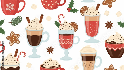 Festive Christmas Pattern with Hot Drinks, Cookies, and Marshmallows for Winter