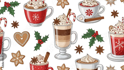Cozy Christmas Holiday Drinks, Cookies, and Holly Berries Seamless Pattern