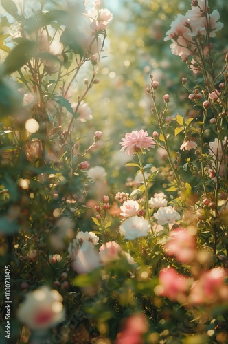 Flowers Bloom in a Garden With Sunlight Shining Through Trees During Springtime