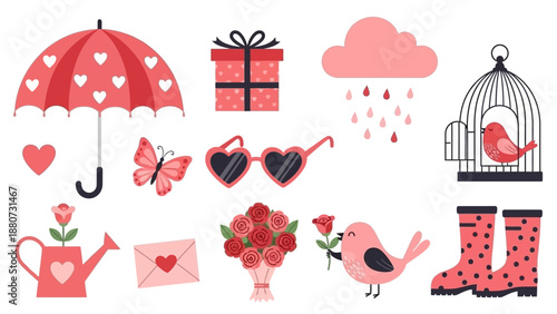 Cute Valentine's Day Elements: Umbrella, Gifts, Birds, Flowers, and Raindrops