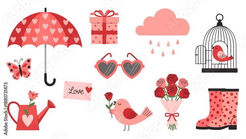 Cute Valentine's Day Icons: Umbrella, Gift, Cloud, Bird, Roses, Boots and More