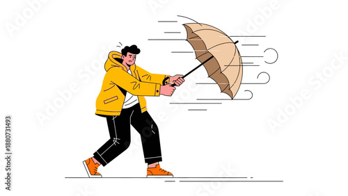 Person battling strong winds with an umbrella in a yellow raincoat