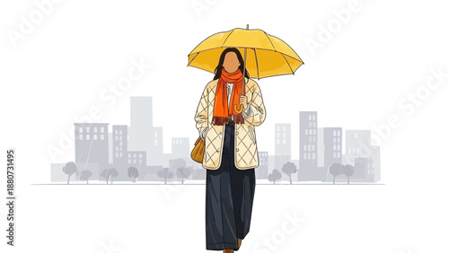 Woman with Yellow Umbrella Walking in a City on a Rainy Day, Autumn Fashion