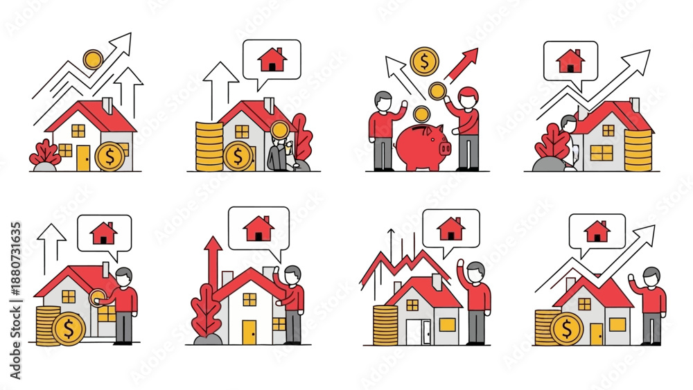 Fototapeta premium Real Estate Investment Growth: Houses, Money, and Financial Success Icons