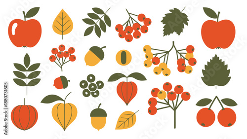 Autumn Harvest Collection: Apples, Acorns, Berries, and Leaves Vector Icons