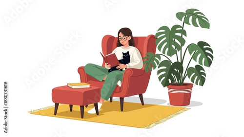 Woman Reading Book with Cat on Lap in Cozy Armchair on Yellow Rug