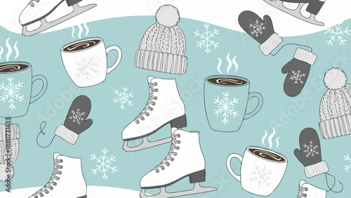 Cozy Winter Pattern with Ice Skates, Hot Drinks, Hats, Mittens, and Snowflakes