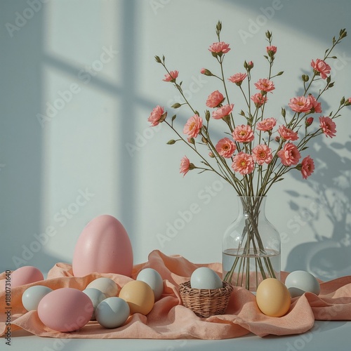 Colorful Display of Easter Eggs and Flowers on a Table With Soft Light in the...