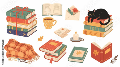 Cozy Autumn Reading Scene: Books, Cat, Blanket, and Hot Drink