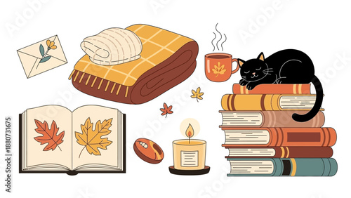 Cozy Autumn Scene with Books, Cat, Candle, and Blanket