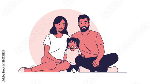 Happy Family Sitting Together on Floor in Pink Circle Background, Diverse People