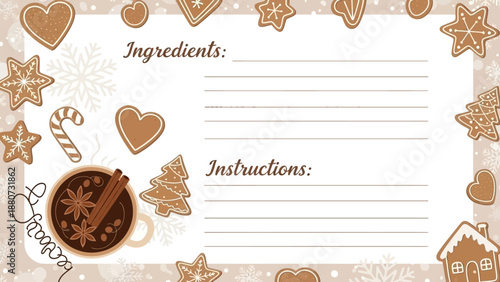 Cozy Christmas Recipe Card with Gingerbread Cookies and Hot Drink Decoration