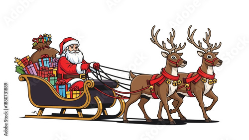 Santa Claus Riding a Sleigh Pulled by Reindeer Full of Gifts, Christmas Celebration