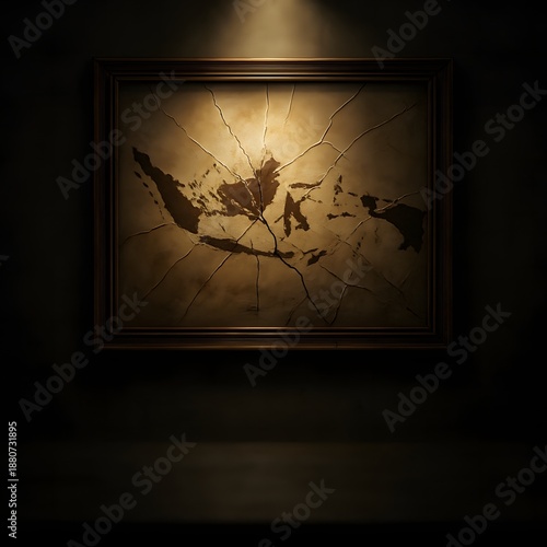 A cinematic view of Indonesian maps on cracked glass, framed and spotlighted in a dark room
