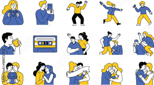 Young people lifestyle flat illustration set showing friendship, love, music, photography, communication and happy social moments in modern blue yellow style
