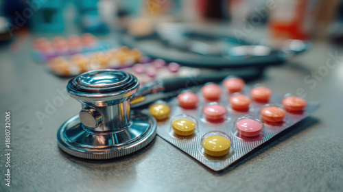 Medical stethoscope and pill blister packs on clinic table