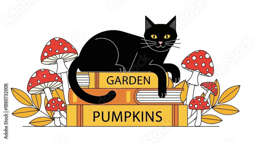Black Cat on Stacked Books with Pumpkins and Mushrooms - Autumn Vibes