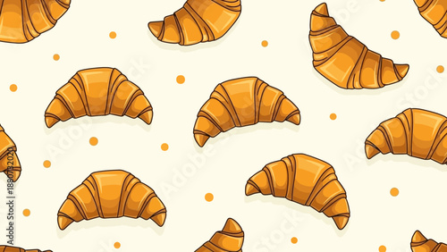Seamless Pattern of Delicious Golden Croissants and Orange Dots on a Light Background