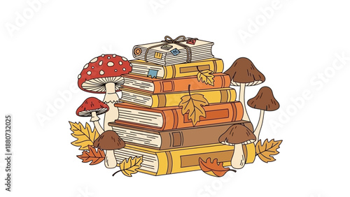Cozy Autumn Stack of Books and Mushrooms with Falling Leaves, Cozy Reading Ambiance