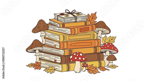 Cozy Stack of Books with Autumn Leaves and Mushrooms, Cozy Reading Illustration