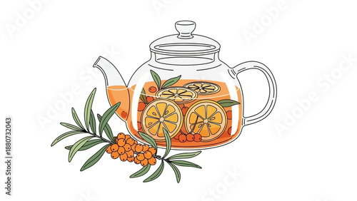 Healthy Sea Buckthorn Tea with Orange Slices in a Glass Teapot and Berries