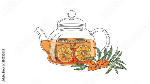 Fresh Sea Buckthorn and Orange Tea in a Glass Teapot with Berries and Slices