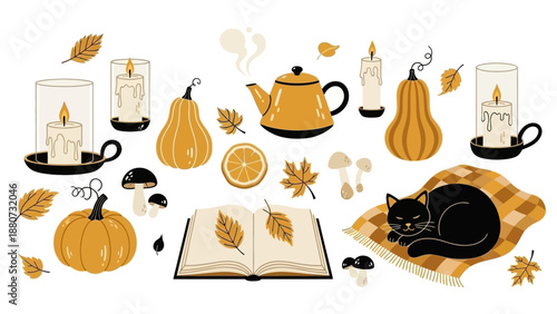 Cozy Autumn Still Life with Black Cat, Pumpkins, Candles, Book, and Teapot