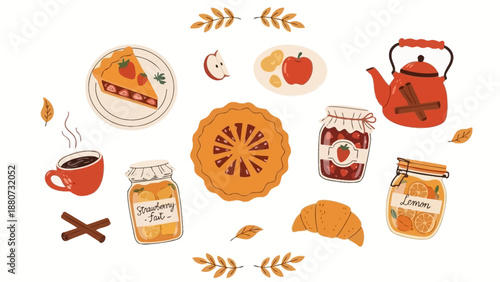 Autumn Harvest Treats: Pies, Jams, Coffee, Croissant, and Tea Kettle