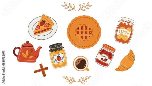 Sweet Breakfast and Tea Time Assortment: Pies, Jams, Croissant, and Coffee