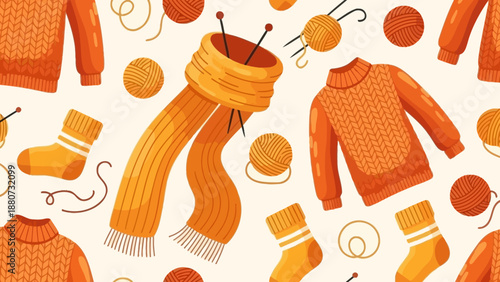 Cozy Knitted Sweater, Scarf, Socks, and Yarn Balls Seamless Pattern