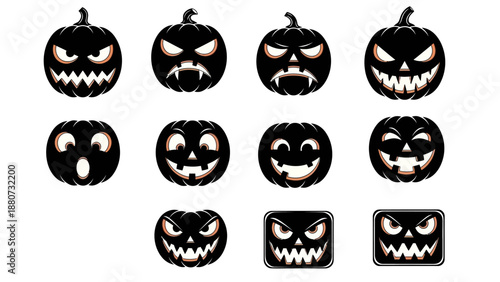 Collection of Black Halloween Pumpkins with Scary and Happy Carved Faces on White