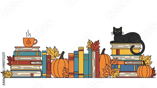 Cozy Autumn Scene with Stack of Books, Pumpkins, and a Black Cat