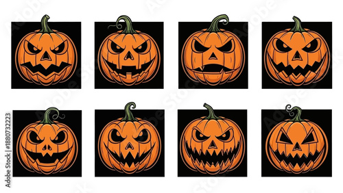 Collection of Eight Spooky Halloween Jack-o'-Lantern Faces with Black Background