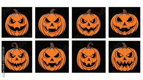Set of Spooky Jack-o'-Lanterns with Different Scary Expressions on Black Background