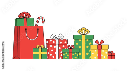 Christmas Gift Boxes and Shopping Bag Assortment with Candy Cane Illustration