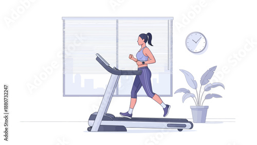 Woman Running on Treadmill Indoors, Home Fitness and Healthy Lifestyle Concept