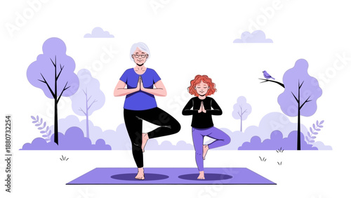 Grandmother and Granddaughter Doing Yoga Together in a Park, Practicing Tree Pose