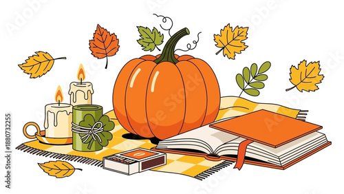 Cozy Autumn Scene with Pumpkin, Candles, Book, and Falling Leaves