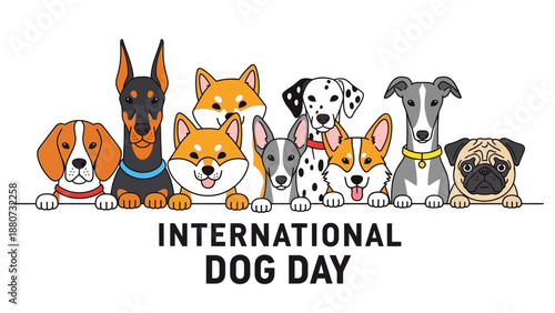 Adorable Cartoon Dogs of Various Breeds Celebrating International Dog Day Together