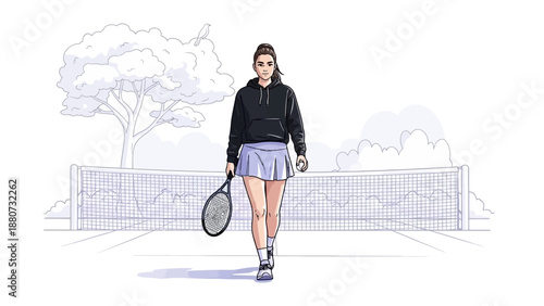 Woman Tennis Player Walking on Court Holding Racquet and Ball