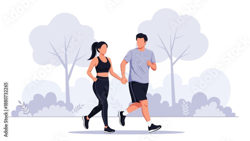 Couple Holding Hands Jogging in Park, Healthy Lifestyle and Fitness Concept