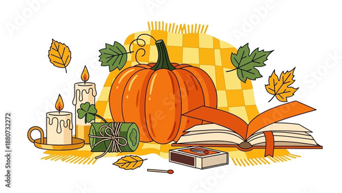 Cozy Autumn Scene with Pumpkin, Candles, Open Book, and Falling Leaves