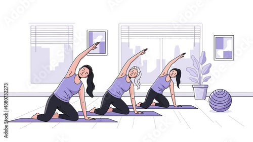 Three women performing yoga side bends on mats in a bright, airy room.