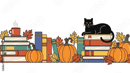 Cozy Autumn Scene with Stack of Books, Pumpkin, and Black Cat