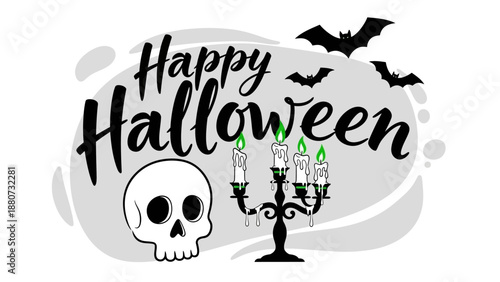 Happy Halloween spooky greeting with bats, skull, and candelabra with candles