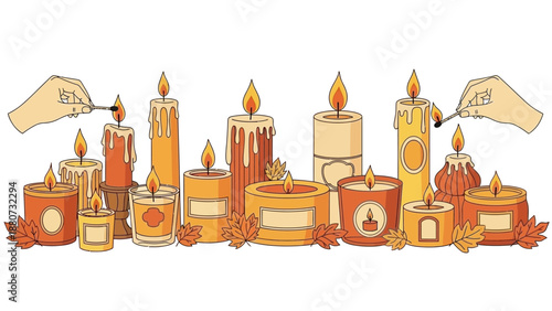 Autumn Collection of Lit Candles and Falling Leaves, Cozy Seasonal Home Decor