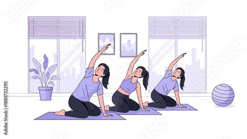 Three Women Doing Yoga Stretches in a Bright Room with Large